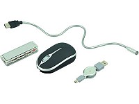 Набор компьютерных аксессуаров в футляре: оптическая мышка, USB Hub на 4 порта, лампа на гибком шнуре, работающая от USB, переходник