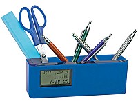 Подставка под ручки и канцелярские принадлежности. Часы с датой и календарем вынимаются из подставки и становятся калькулятором BLUE