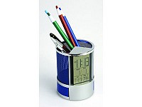 Подставка под ручки с часами, датой, термометром и двумя выдвижными отделениями для канцелярских принадлежностей Blue
