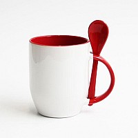 КРУЖКА КЕРАМИЧЕСКАЯ ДЛЯ СУБЛИМАЦИИ С ЛОЖКОЙ, КРАСНАЯ  КРУЖКА КЕРАМИЧЕСКАЯ ДЛЯ СУБЛИМАЦИИ С ЛОЖКОЙ, КРАСНАЯ