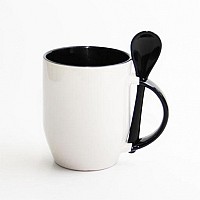 КРУЖКА КЕРАМИЧЕСКАЯ ДЛЯ СУБЛИМАЦИИ С ЛОЖКОЙ, ЧЕРНАЯ КРУЖКА КЕРАМИЧЕСКАЯ ДЛЯ СУБЛИМАЦИИ С ЛОЖКОЙ, ЧЕРНАЯ